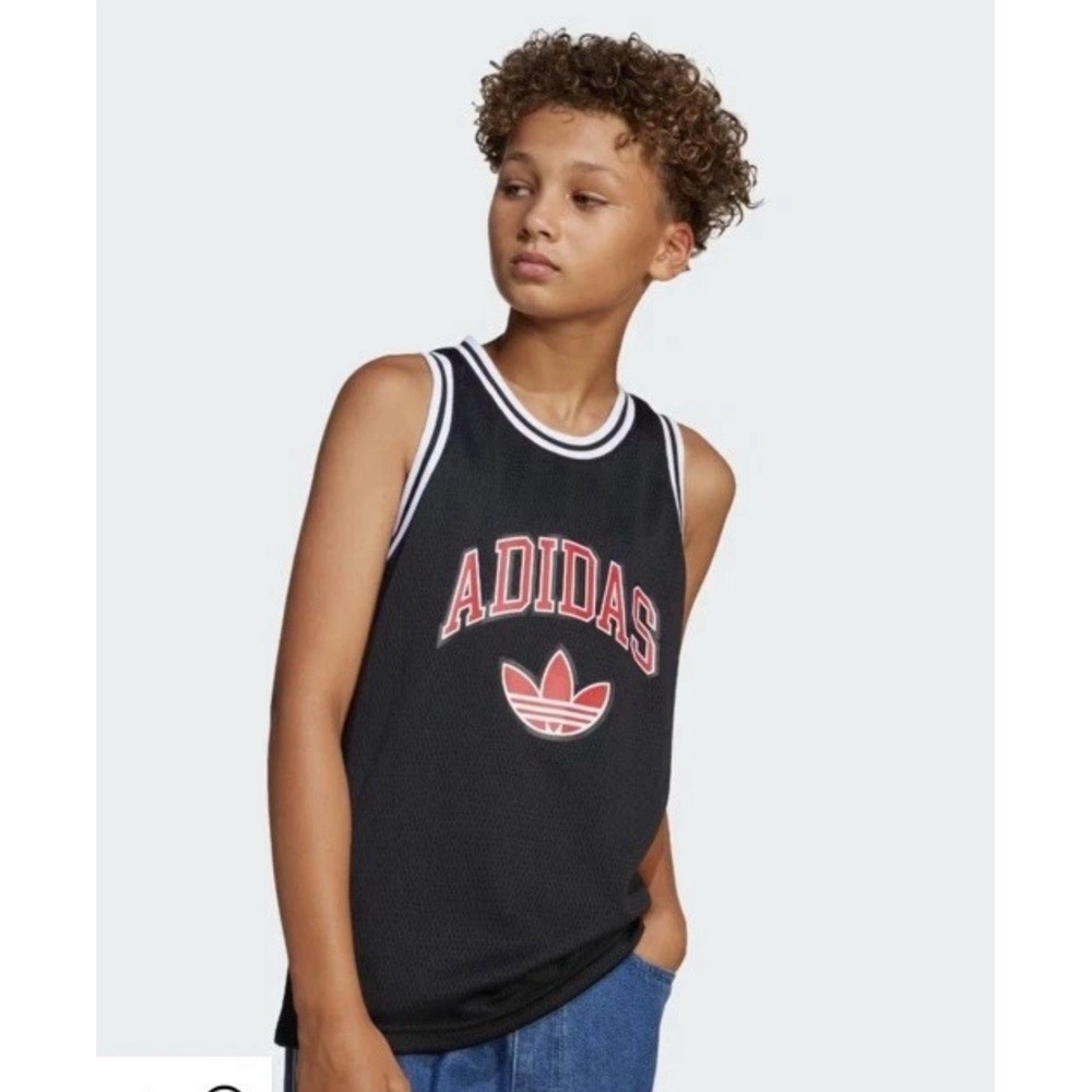 NEW ADIDAS Boy's ORIGINALS TANK TOP Jersey Size L  JW1983 BLACK Red Trefoil Logo